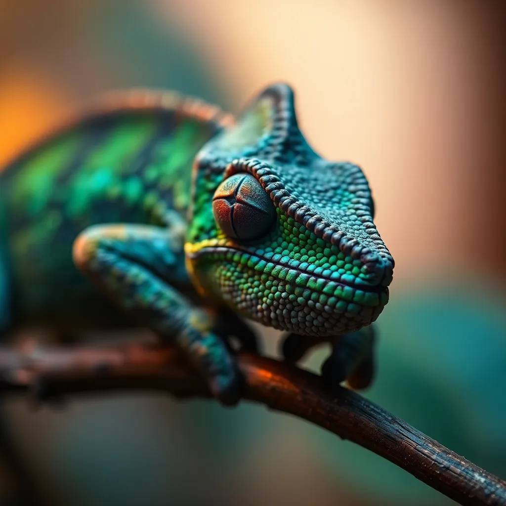 Close-Up of a Chameleon on Branch This captivating close-up photograph focuses on a chameleon resting on a branch, showcasing the intricate patterns and textures of its skin. The warm tungsten lighting enhances the vivid colors, creating a stunning contrast against the blurred background. Shot with a Fujifilm GFX 100S, the shallow depth of field beautifully isolates the subject, making every detail of the chameleon’s scales come to life. This image highlights the unique beauty of exotic reptiles in their natural environment.