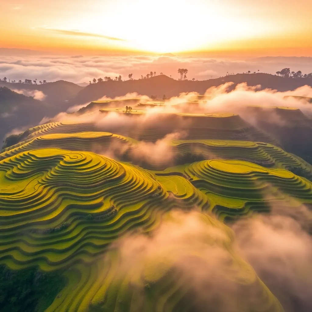 Aerial View of Bali Rice Terraces at Sunrise