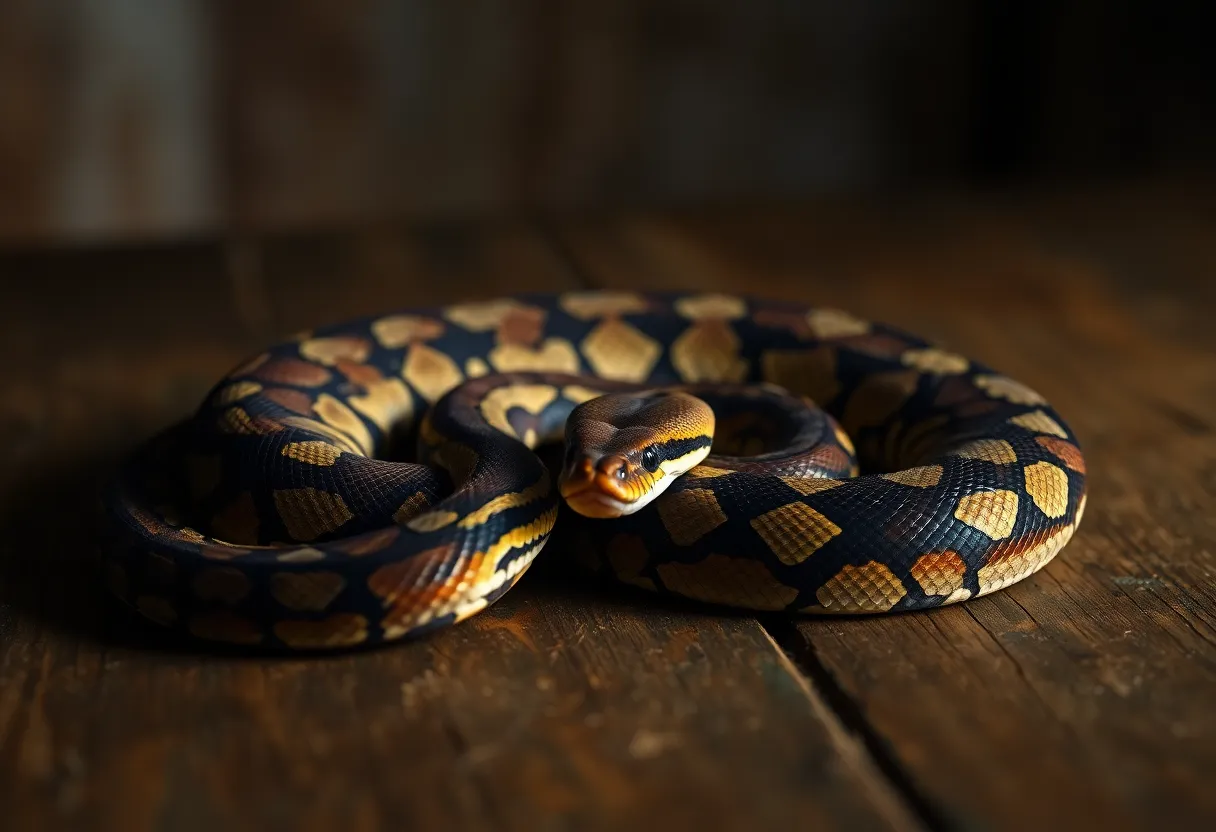 This striking image showcases a beautiful ball python elegantly coiled on a rustic wooden table, highlighting its mesmerizing scale patterns. Dramatic Rembrandt lighting enhances the textures of the python's skin while casting soft shadows that accentuate its curves. A shallow depth of field keeps the focus on the snake, allowing the background to recede into gentle tones that complement the earthy color palette. The centered composition draws viewers in, emphasizing the python as a stunning exotic pet.