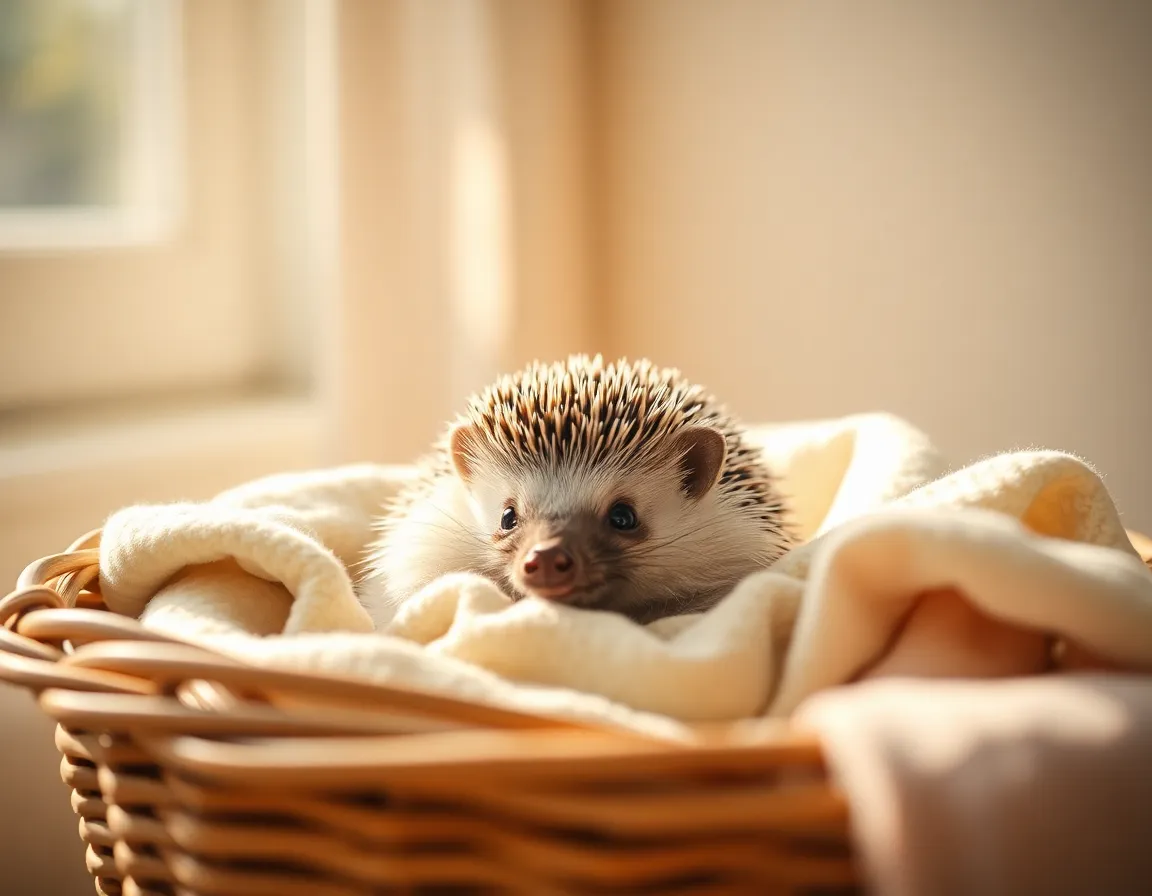This endearing image captures a charming hedgehog nestled comfortably in a soft, woven basket adorned with pastel-colored fabrics. Warm natural daylight fills the scene, creating a serene ambiance that perfectly complements the hedgehog's cozy setting. The shallow depth of field highlights the intricate details of the hedgehog's quills and the softness of the surrounding fabrics, while muted colors evoke a feeling of warmth and comfort. Framing techniques emphasize the hedgehog as the focal point, inviting viewers into this heartwarming moment.