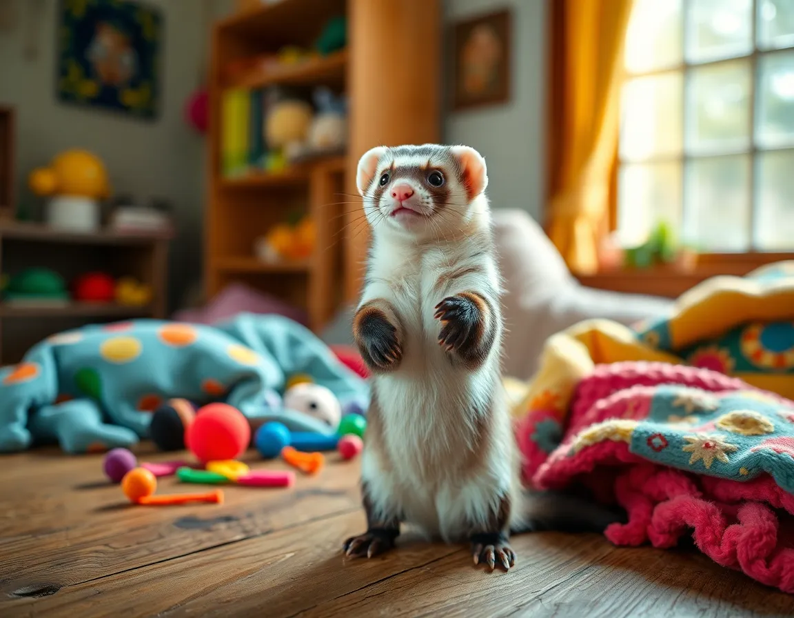 Playful Ferret Surrounded by Toys