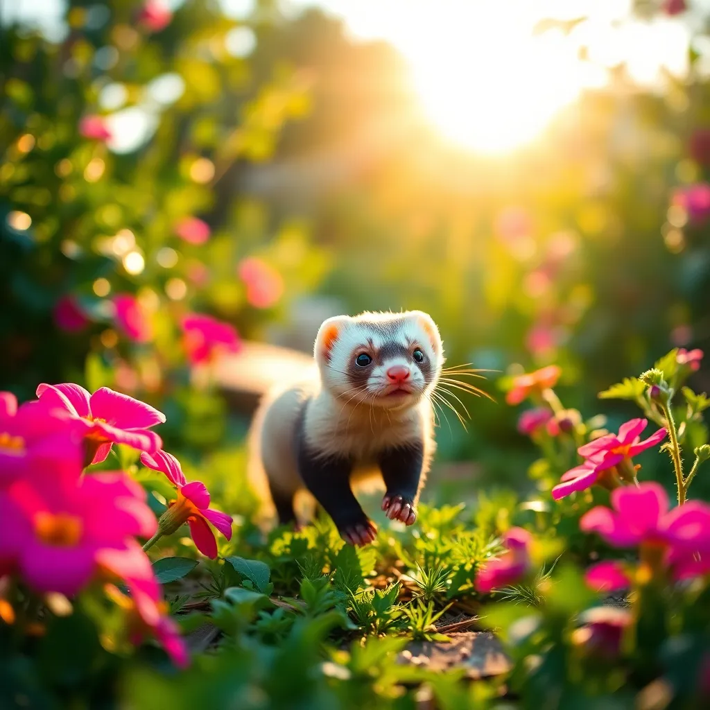 Playful Ferret in Blooming Garden