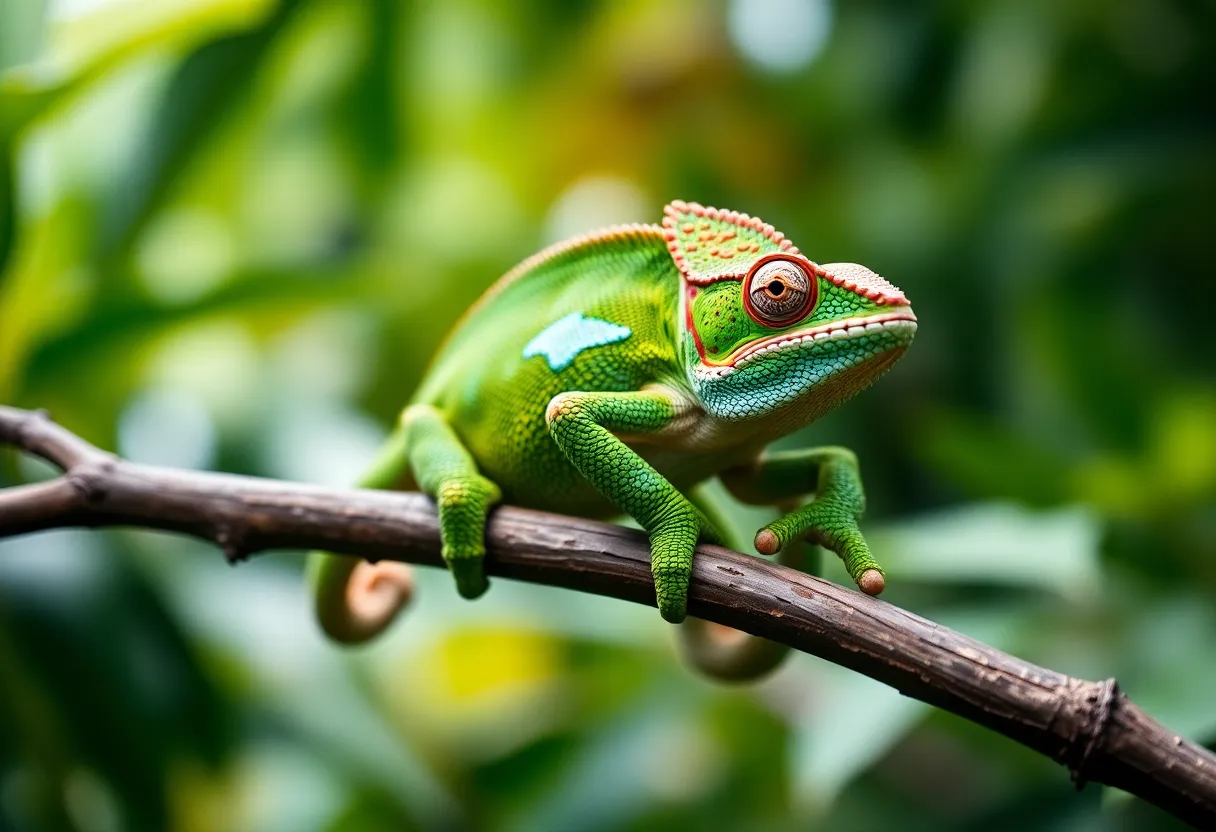 This captivating image features a striking chameleon resting on a branch, showcasing its vivid and textured skin. Natural overcast daylight creates a diffuse illumination that highlights the chameleon's brilliant hues of green, blue, and orange. The composition effectively utilizes leading lines to draw the viewer's attention to the chameleon while the softly blurred foliage in the background enhances the focus on the subject. The combination of intricate details and rich color palette creates an enchanting glimpse into the life of this exotic pet.