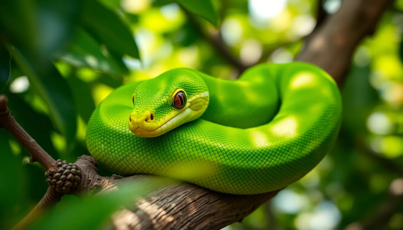 Close-Up of a Green Tree Python This vibrant image features a green tree python elegantly coiled on a branch, surrounded by rich green foliage. The use of natural dappled light highlights the stunning scales of the python while creating a beautiful blurred background. The colors are saturated and alive, enhancing the exotic aura of this remarkable creature. The composition draws the viewer's eye along the graceful curves of the snake, making it the undeniable focal point of the scene.