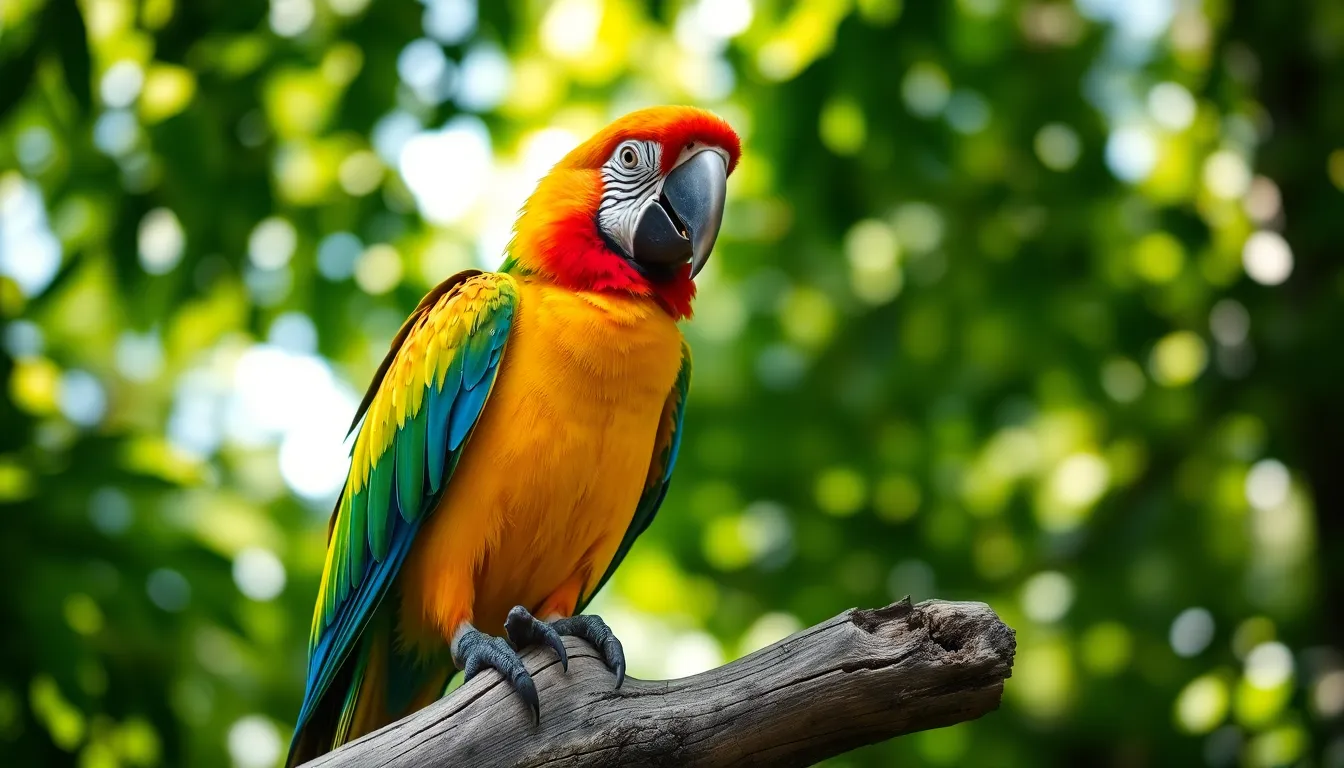 This stunning image features a vibrant macaw perched on a rustic wooden branch amidst a lush green tropical setting. Dappled sunlight filters through the leaves, creating a beautiful bokeh effect that enhances the vivid colors of the bird's feathers. The composition is carefully balanced with the macaw positioned off-center, showcasing the intricate details of its plumage against a naturally blurred background. The rich, saturated colors evoke a warm and inviting atmosphere.