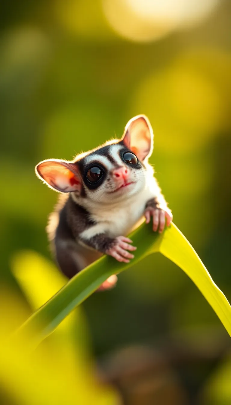 This delightful image captures an adorable sugar glider perched on a vibrant green leaf, exuding curiosity and charm. Soft morning light bathes the scene in a warm glow, adding to the inviting ambiance. The shallow depth of field beautifully blurs the background, emphasizing the sugar glider's large expressive eyes and the fine texture of its fur. With the composition thoughtfully following the rule of thirds, the playful demeanor of the sugar glider is highlighted, creating a fun and engaging visual.