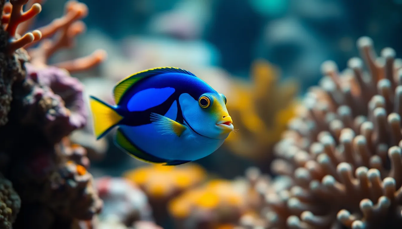 Blue Tang Fish Among Coral Reefs
