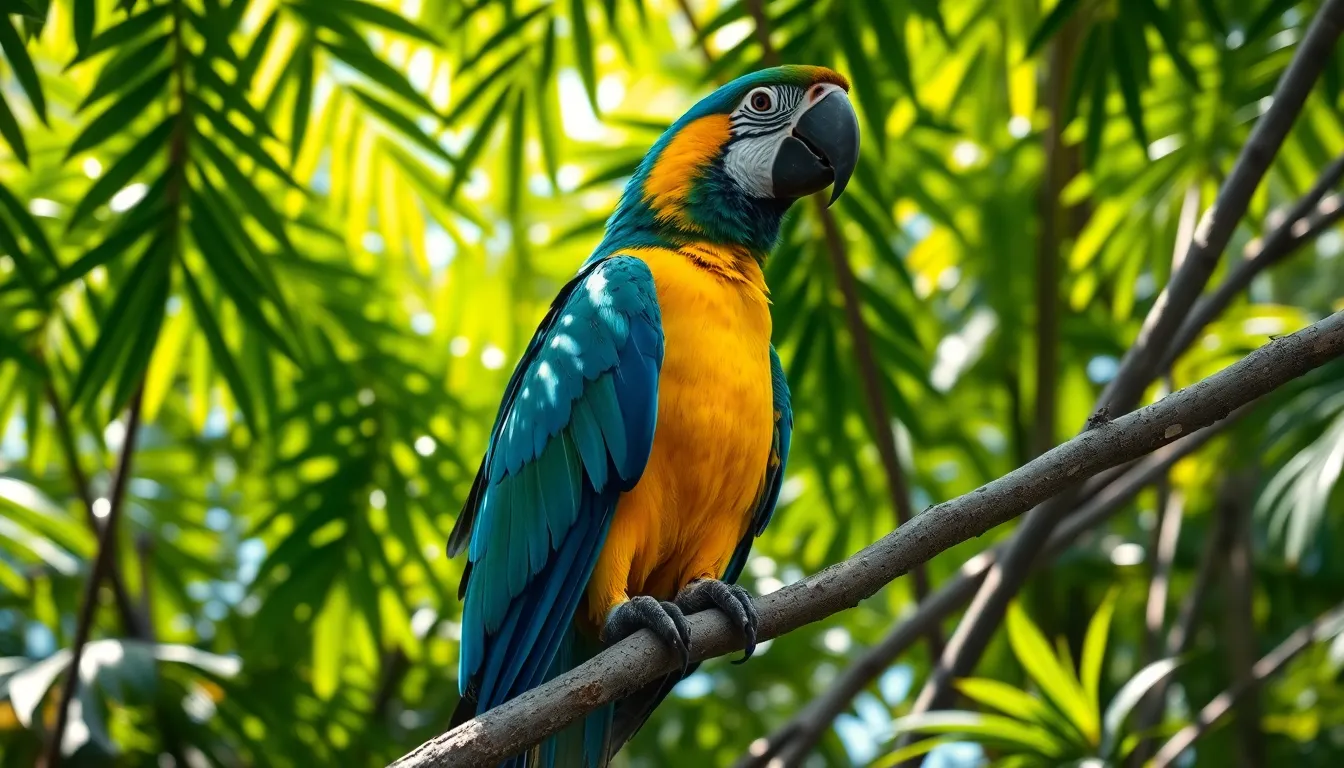 A stunning macaw perches on a branch, showcasing its vibrant feathers amidst a backdrop of rich tropical foliage. Dappled sunlight filters through the leaves, enhancing the bird’s colors and creating a captivating play of light and shadow. The composition is dynamic, with natural lines guiding the eye to the subject, evoking a sense of adventure in the exotic setting. This image beautifully highlights the allure of having such a magnificent bird as a pet.