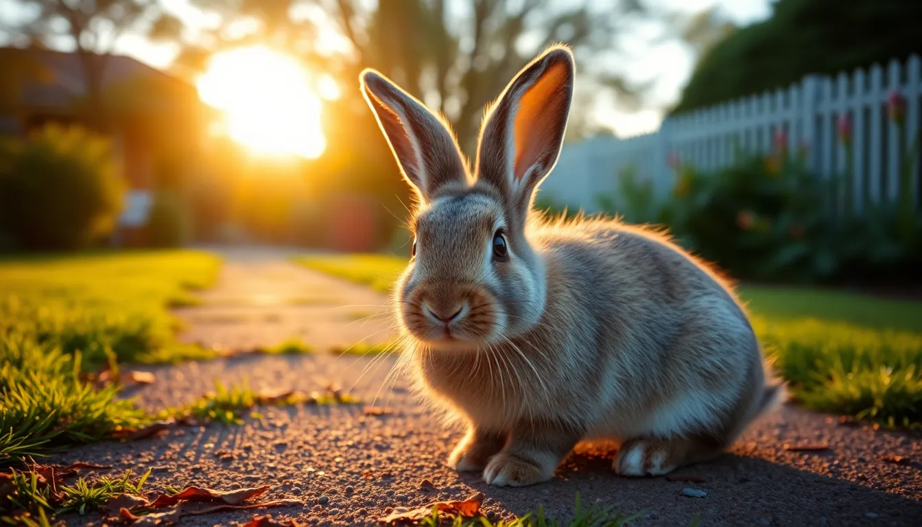 A picturesque scene of a charming exotic rabbit resting on a garden path during golden hour, basking in warm light. The warm tones embrace the fluffy fur, creating a cozy, inviting mood. The sharp focus captures the intricate details of the rabbit's fur and the surrounding floral textures. Leading lines draw the viewer's eye toward the rabbit, nestled among vibrant garden blooms.