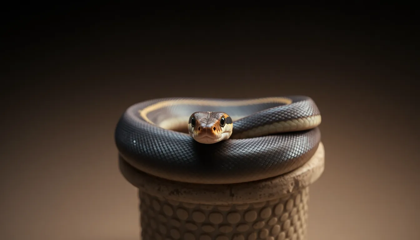 A striking exotic snake elegantly coiled around a textured stone pedestal, illuminated by dramatic Rembrandt lighting that enhances its intricate scale patterns. The soft pastels and muted tones create a serene atmosphere, emphasizing the snake's natural beauty. The sharp focus captures every fine detail, making it an eye-catching representation of exotic pets. This image invites viewers to appreciate the unique qualities of this captivating creature.