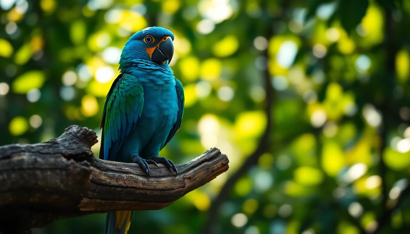 This enchanting image showcases a blue macaw elegantly perched on a weathered branch, surrounded by rich greenery. The dappled sunlight creates a dreamy effect, enhancing the vivid colors of the bird's feathers. The composition highlights the striking details of the macaw against a blurred natural backdrop, evoking a sense of tropical tranquility. The vibrant blue and deep greens blend harmoniously, inviting viewers into the macaw's vibrant habitat.