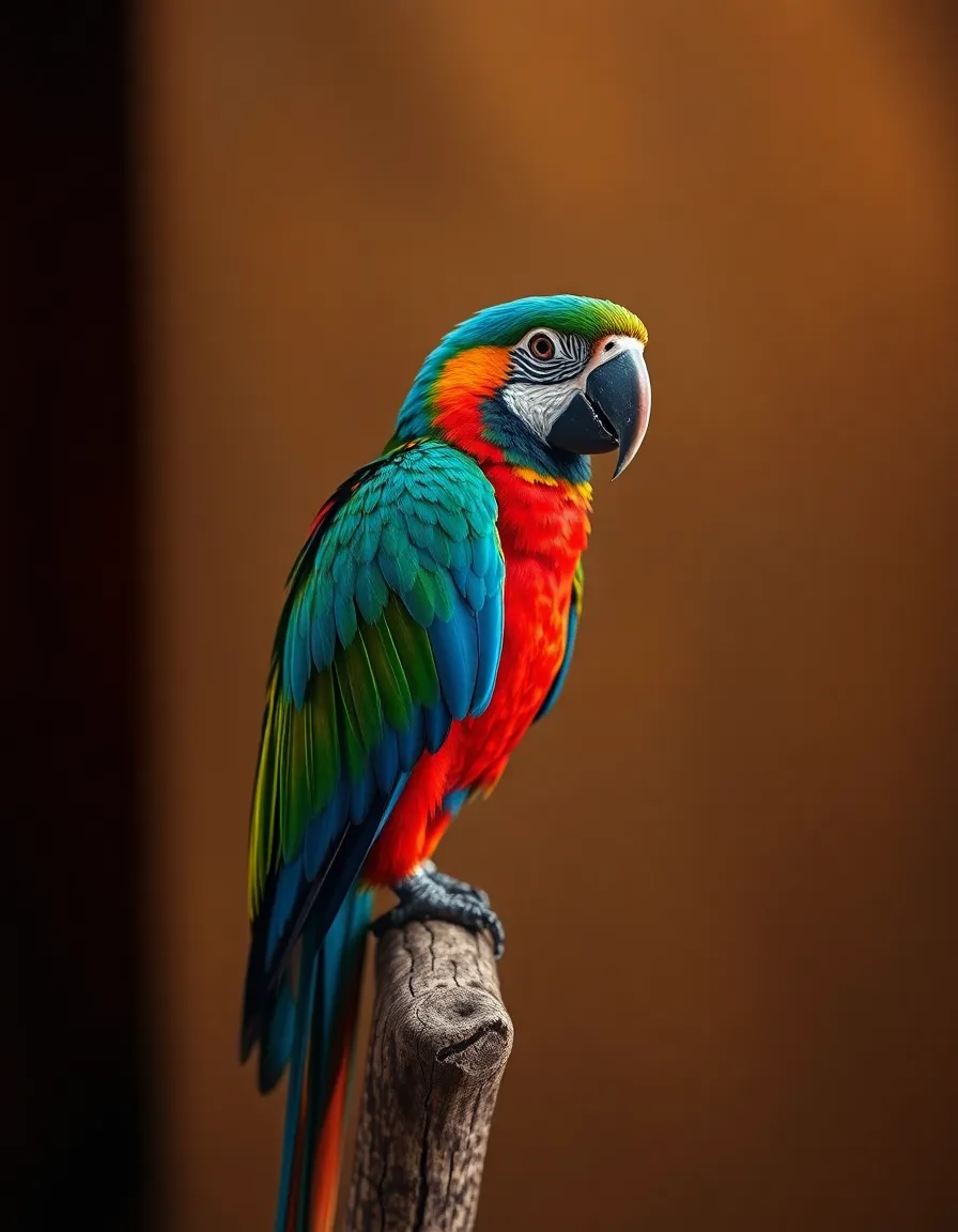 This captivating portrait showcases a vibrant macaw perched on a rustic wooden perch, set against a softly lit background. The macaw's stunning plumage features vivid blues and reds that contrast beautifully with the warm tones of the studio lighting. The use of selective focus draws attention to the bird's intricate feathers and expressive eyes, creating an engaging and lively atmosphere ideal for highlighting the allure of exotic pets.