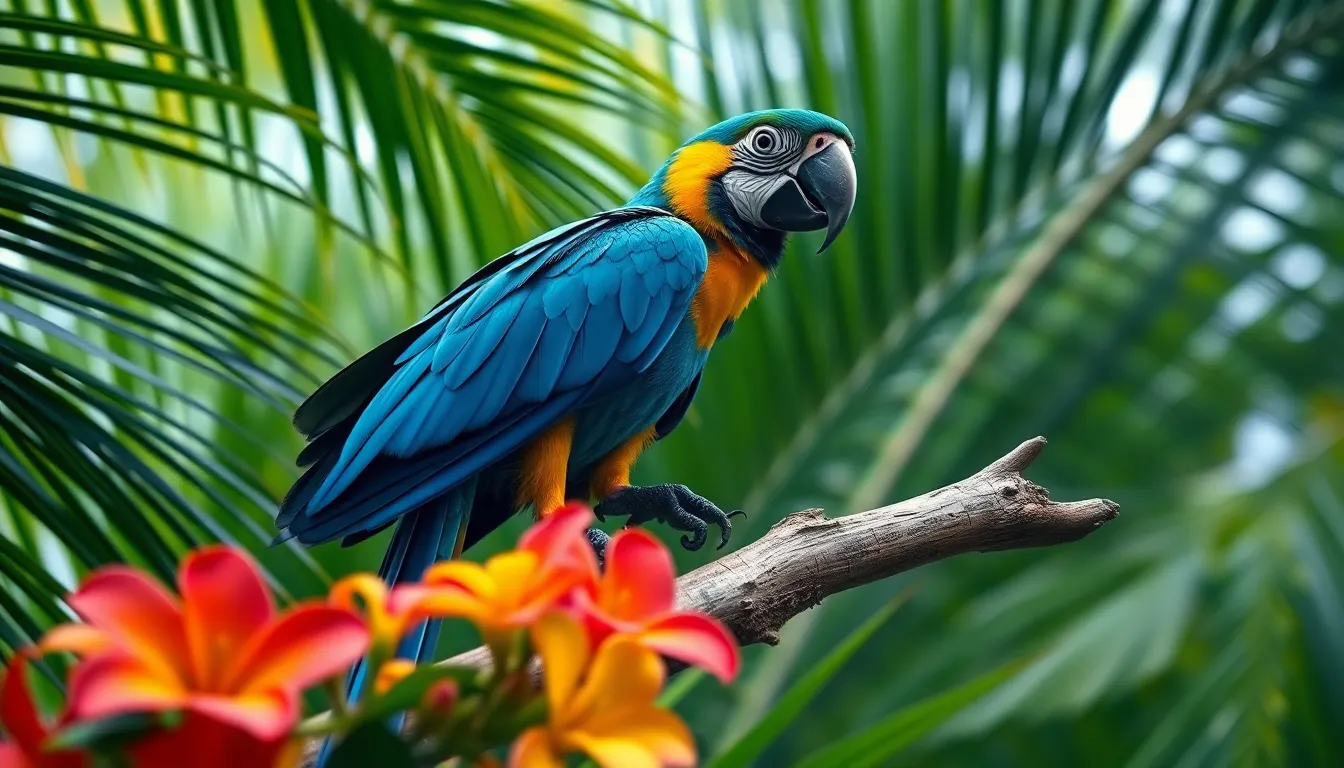 This stunning photograph captures a colorful macaw perched on a branch in a lush tropical environment. The bird's vibrant feathers contrast beautifully with the deep greens of the foliage, evoking a sense of paradise. Natural soft light enhances the vivid colors, while the composition draws the viewer's eye to the macaw's striking profile. Overall, the image radiates warmth and exotic charm.