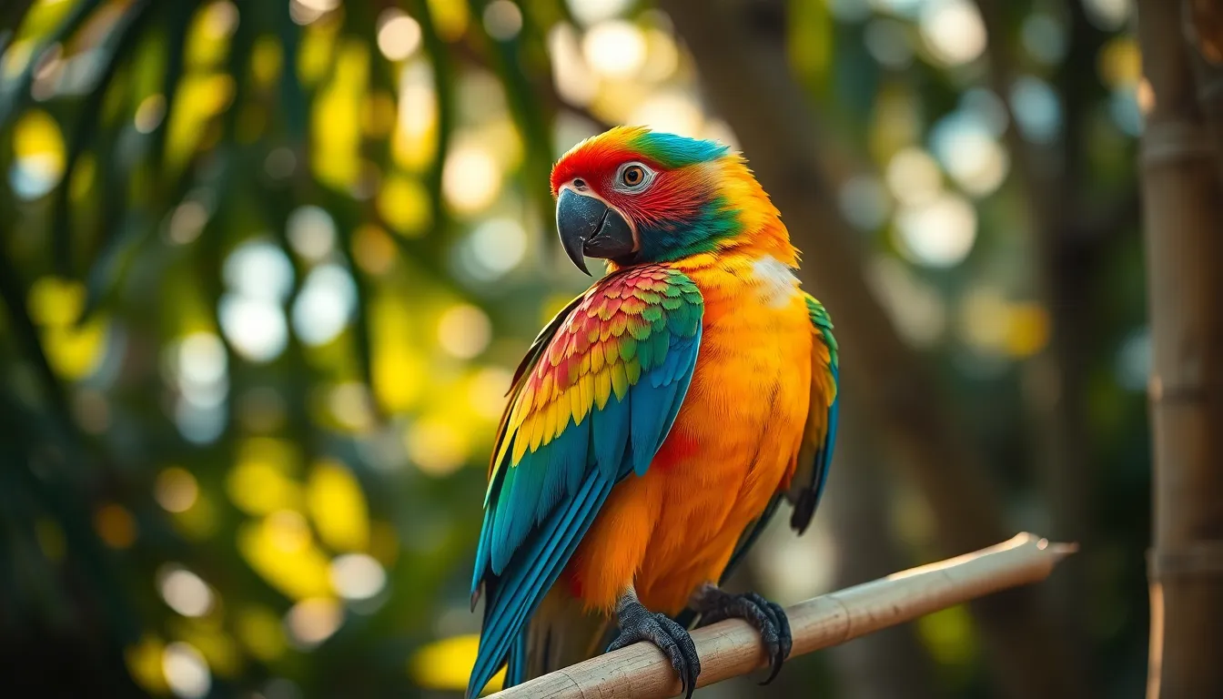 A stunning close-up of a colorful parrot perched on a bamboo branch in a lush tropical setting. The warm sunlight filters through the surrounding greenery, creating a soft bokeh in the background. The iridescent feathers show intricate patterns that catch the light, enhancing the exotic feel of the scene. This vibrant depiction showcases the beauty of exotic pets in their natural habitat.