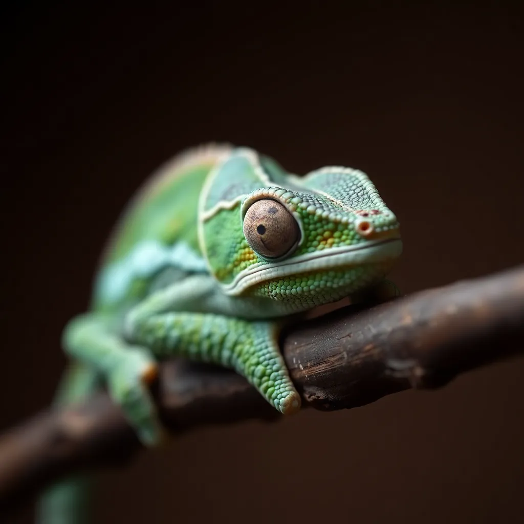 This stunning close-up image captures the intricate details of a chameleon's textured skin as it rests on a branch. The soft studio lighting beautifully illuminates the vibrant greens and blues of the chameleon's unique coloration, making it pop against the dark surface of the wood. With a focus on the chameleon's captivating eye, this photograph draws the viewer's attention to its remarkable features and the beauty of exotic pets. The macro perspective emphasizes the delicate textures, making it an exceptional representation of wildlife.