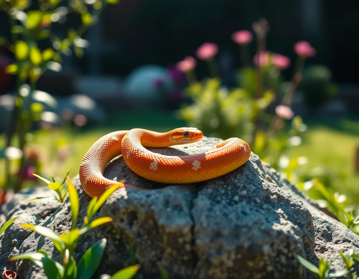 Elegant Snake in Serene Garden Setting This enchanting photograph captures a vibrant pet snake gracefully coiled around a textured rock in a tranquil garden. The gentle afternoon sunlight casts beautiful highlights, revealing the rich color of the snake's scales against the lush greenery. With a shallow depth of field that isolates the snake, the image conveys a sense of serenity and harmony. The centered composition draws the viewer's attention to the snake's elegance and its peaceful surroundings.