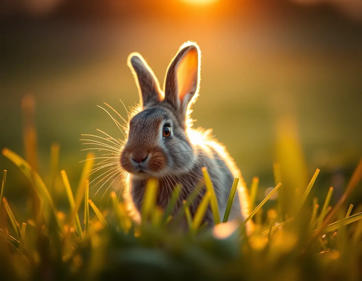 A lively exotic rabbit hops through the lush grass, illuminated by the warm light of the golden hour. The playful energy of the rabbit is captured beautifully with soft bokeh, while the rim light enhances its fluffy fur and joyful expression. The earthy tones of the grass and surrounding environment create a serene backdrop, making this image a delightful representation of exotic pets. The composition draws the viewer's eye directly toward the charming rabbit.