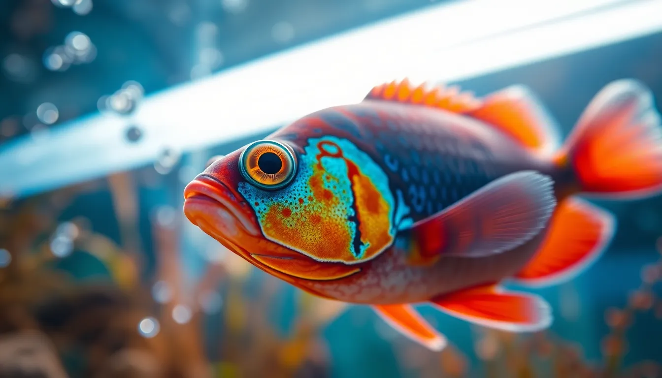 An exquisite exotic fish glides gracefully through a beautifully maintained aquarium, captivating viewers with its vivid colors and intricate patterns. Overhead lighting enhances the vibrant blues and oranges of the underwater landscape, while soft bubbles float gracefully around it. The image focuses on the fish's eye, drawing attention to its lively expression in a serene environment. This photograph is a stunning representation of aquatic exotic pets.
