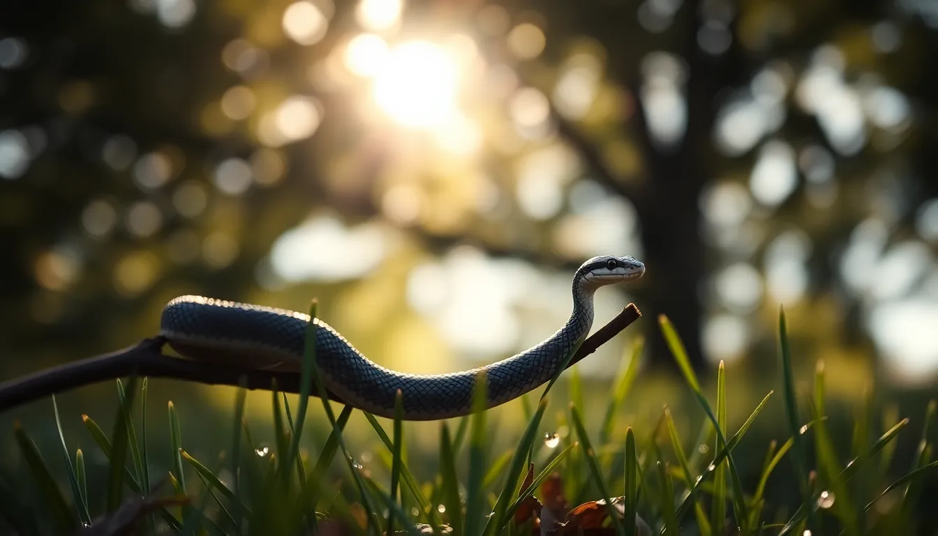 Elegant Snake Coiled on Branch This striking image features an elegantly posed snake gracefully coiled around a branch, captured in dappled sunlight filtering through a tree canopy. The soft sunlight highlights the unique texture of the snake's scales while creating a serene atmosphere. Morning dew glistens on nearby grass, enhancing the natural beauty of the scene. The shallow depth of field draws attention to the snake while the background melts into a soft bokeh, creating an enchanting composition.