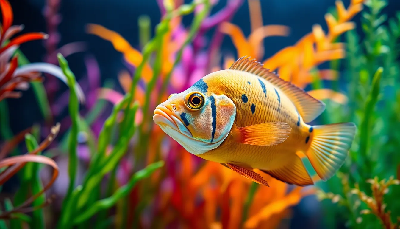 A vivid macro shot of a colorful exotic fish swimming amidst vibrant aquatic plants in an aquarium. The natural soft daylight illuminates the scene, enhancing the saturated colors of the fish and the lush greenery. Leading lines draw the viewer's attention directly to the fish, showcasing its intricate scale texture and shimmering fins. This image beautifully captures the elegance of exotic pets in an underwater environment.