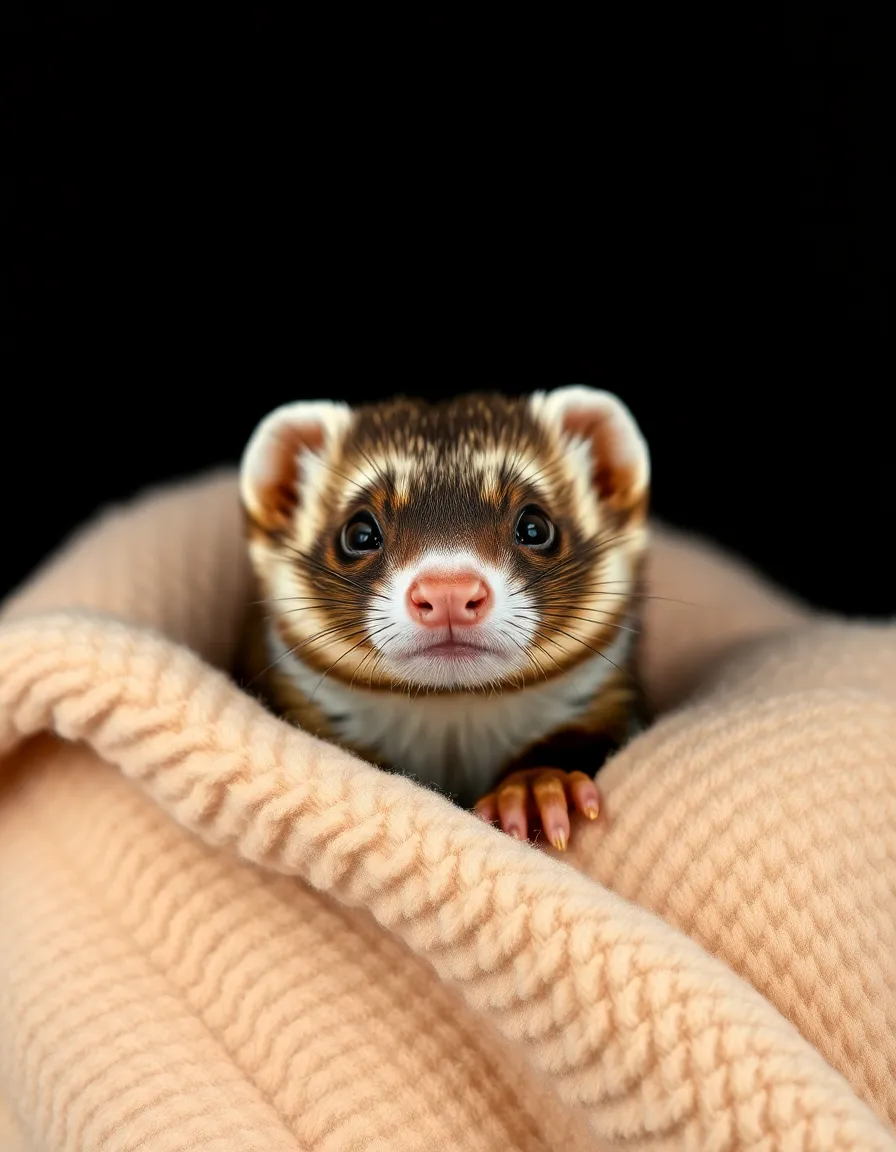 An adorable portrait of a playful ferret peeking out from a soft fleece blanket, captured under dramatic studio lighting. The high contrast emphasizes the ferret's features and creates a cozy ambiance. The centered composition brings focus to the ferret's inquisitive expression, while the visible texture of its soft fur and the blanket enhances the inviting feel of the image. This captures the playful spirit of exotic pets in a warm setting.