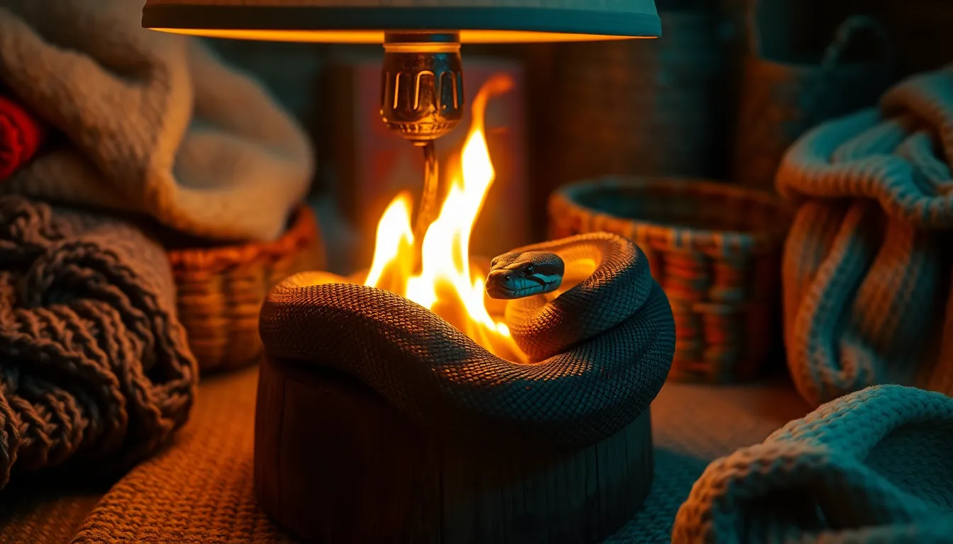 In this captivating scene, a python is elegantly coiled around a rustic wooden lamp base, illuminated by the warm flickering light of a fire. The shallow depth of field emphasizes the snake's striking scale patterns, while the teal and orange color grading adds a cinematic touch to the ambiance. The warm shadows and soft textures of the surrounding setting create a cozy, inviting mood. This image beautifully captures the hypnotic elegance of an exotic pet in a homely environment.