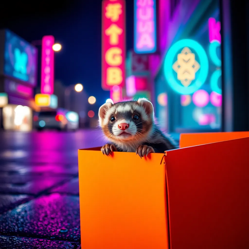 Curious Ferret Peeking from Colorful Box A playful ferret peeks out from behind a vibrant, colorful box, illuminated by artistic neon reflections. The cinematic color grading enhances the scene, creating a lively atmosphere. With its fluffy fur and curious expression, the ferret embodies the charm of exotic pets, inviting viewers into its playful world.