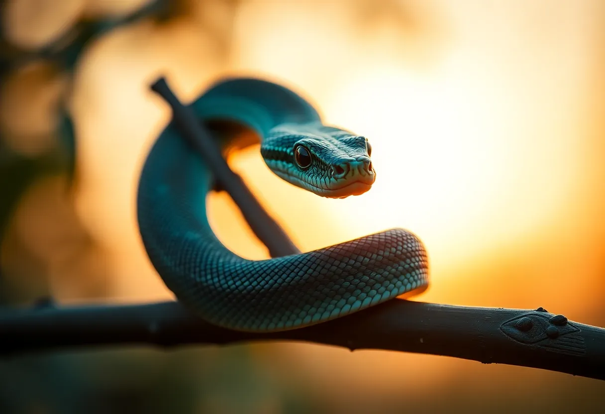 A captivating portrait of a majestic exotic snake gracefully wrapped around a branch during the golden hour. The warm light casts a beautiful glow on its scales, which shimmer with intricate detail. The shallow depth of field creates an artistic bokeh that emphasizes the snake's beauty, while the cinematic color grading adds a sense of drama to the scene. This image is a striking representation of exotic pets in a naturalistic setting.