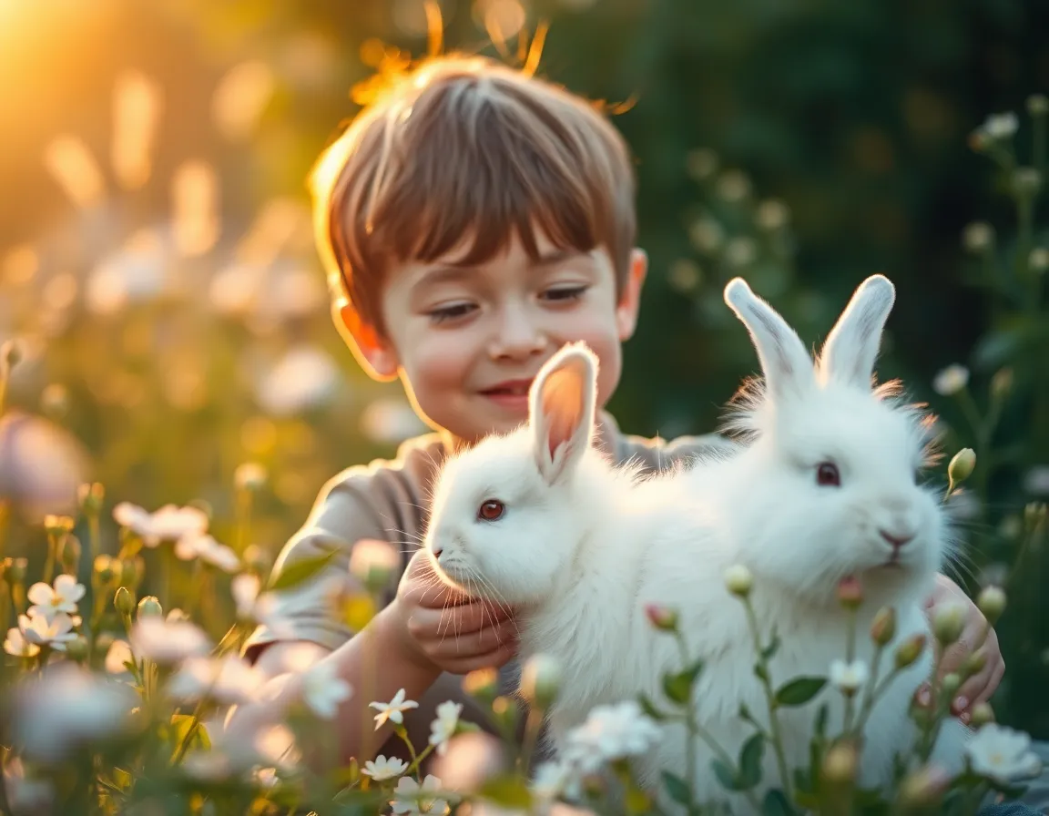 This heartwarming image captures a young boy joyfully interacting with a fluffy white rabbit in a blooming garden during golden hour. The warm, enchanting glow highlights the soft texture of the rabbit's fur and the vibrant colors of the surrounding flowers. With a shallow depth of field, the boy's expression is beautifully emphasized, creating a serene and inviting scene that encapsulates the bond between children and their exotic pets.