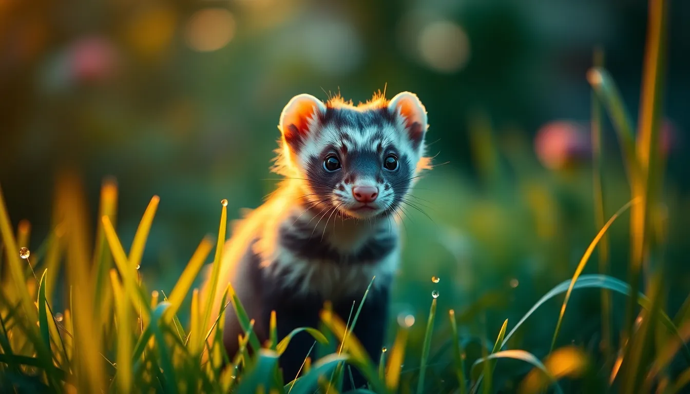 Curious Ferret in Sunlit Garden This captivating image features a curious ferret poised in a vibrant garden during the enchanting golden hour. The warm backlighting creates a beautiful rim light effect, highlighting the ferret's soft fur and sparkling eyes. The lush greens and colorful flowers in the background softly blur into a painterly bokeh, drawing the viewer's attention to the playful subject. The cinematic color grading enhances the warmth and allure of this lively scene.
