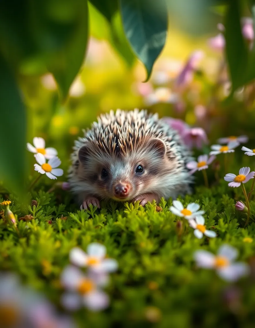 This enchanting photograph features a playful hedgehog nestled in a vibrant meadow filled with colorful wildflowers and soft moss. The gentle lighting envelops the scene in an ethereal glow, enhancing the hedgehog's adorable features. With a shallow depth of field, the image emphasizes the intricate details of the hedgehog's quills while creating a soft, dreamy background. This charming composition evokes a sense of whimsy and delight, perfect for celebrating the uniqueness of exotic pets.