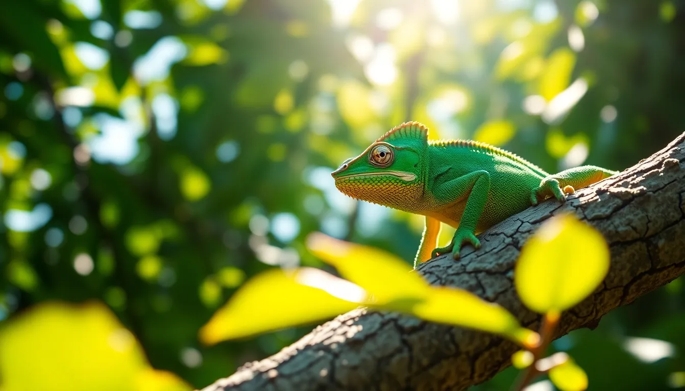 A stunning macro photograph of a vibrant green chameleon resting on a textured branch in a tropical jungle. This image captures the intricate details of the chameleon's scales and the rich greens of the surrounding foliage, illuminated by soft, dappled sunlight. The shallow depth of field and carefully composed placement create a serene yet dynamic atmosphere, perfect for showcasing the beauty of exotic pets in their natural environment.