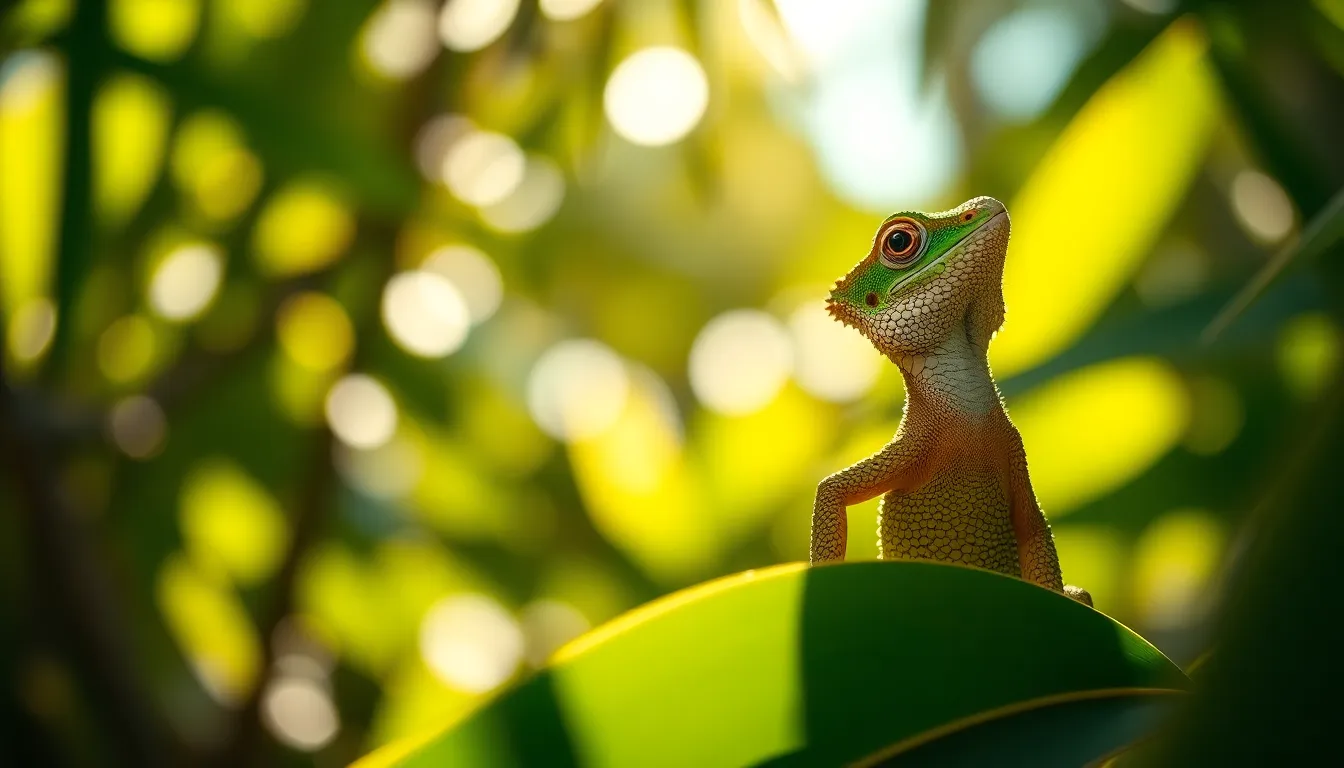 A close-up capture of a vibrant green gecko blending seamlessly into a lush tropical background. The dappled sunlight filters through the leaves, creating a serene atmosphere. The gecko's detailed skin texture is highlighted by the soft background blur, emphasizing its natural beauty. The composition adheres to the rule of thirds, creating a balanced visual flow.