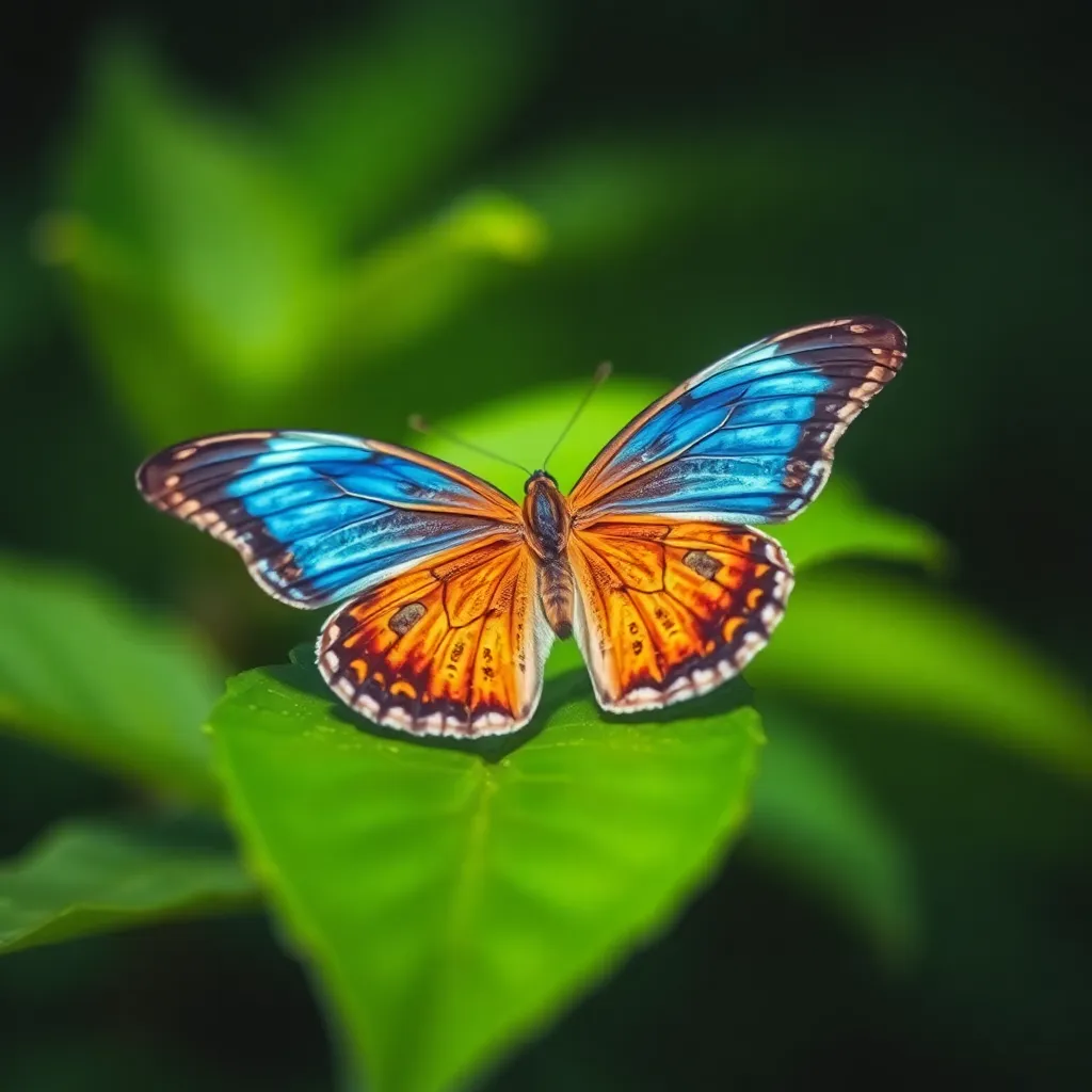 This close-up image reveals a rare exotic butterfly resting delicately on a leaf, showcasing its intricate wing patterns in vivid blue and orange hues. Soft daylight enhances the colors, providing a natural and vibrant atmosphere. The macro detail captures the texture of the butterfly's wings alongside the lush greenery of its environment. The centered composition draws the viewer's attention directly to this exquisite creature, emphasizing its rarity and beauty.