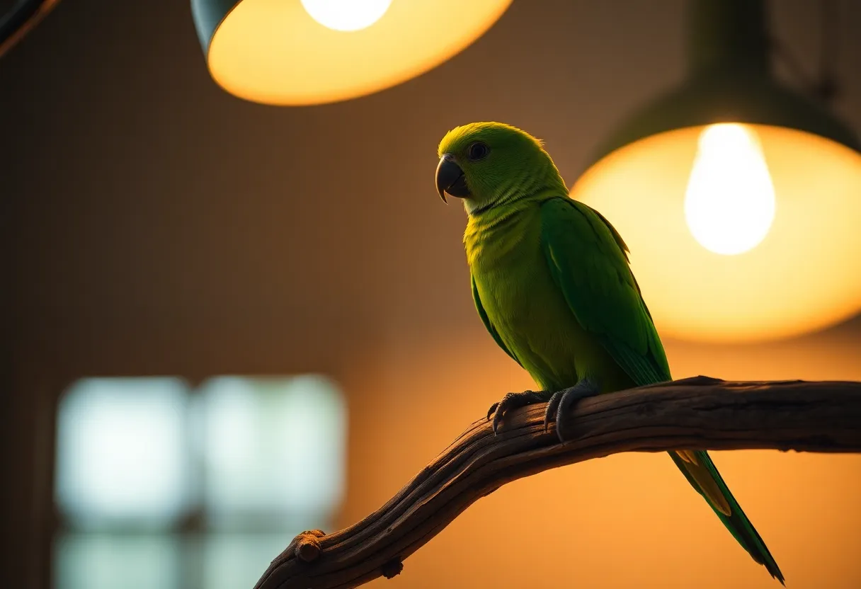 Colorful Parrot Perched on Rustic Branch A vibrant parrot sits elegantly on a weathered wooden branch, illuminated by warm tungsten lighting. The shallow depth of field accentuates the rich green feathers and the delicate texture of the branch, creating a serene and inviting atmosphere. The muted, natural colors enhance the exotic feel, making this close-up shot inviting and lively.