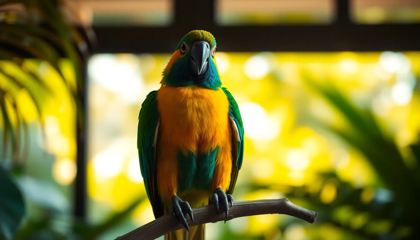 A vibrant parrot perched gracefully on a branch in a lush tropical environment. The soft natural light filters through the window, highlighting the stunning colors of its feathers against the deep greens of surrounding foliage. The composition draws attention to the parrot's expressive gaze, with a softly blurred background enhancing its presence. This captivating scene evokes a sense of tranquility and exotic beauty.
