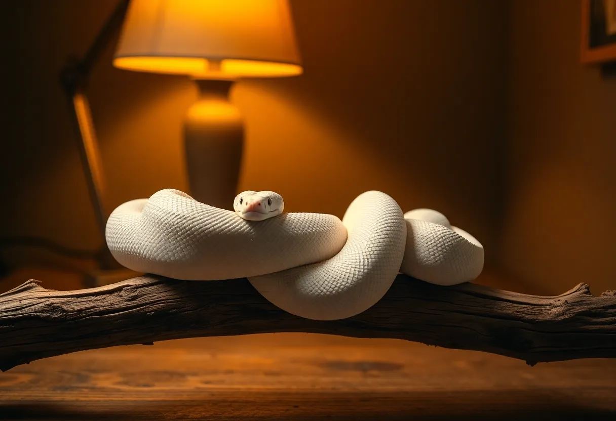 This striking image features an elegant albino python gracefully coiled around a rustic wooden branch in a softly lit space. The warm light accentuates the python's smooth, textured scales, creating a luxurious atmosphere. The shallow depth of field adds an artistic touch, keeping the focus on the snake while softening the background. This composition showcases the beauty of exotic pets in a refined setting.
