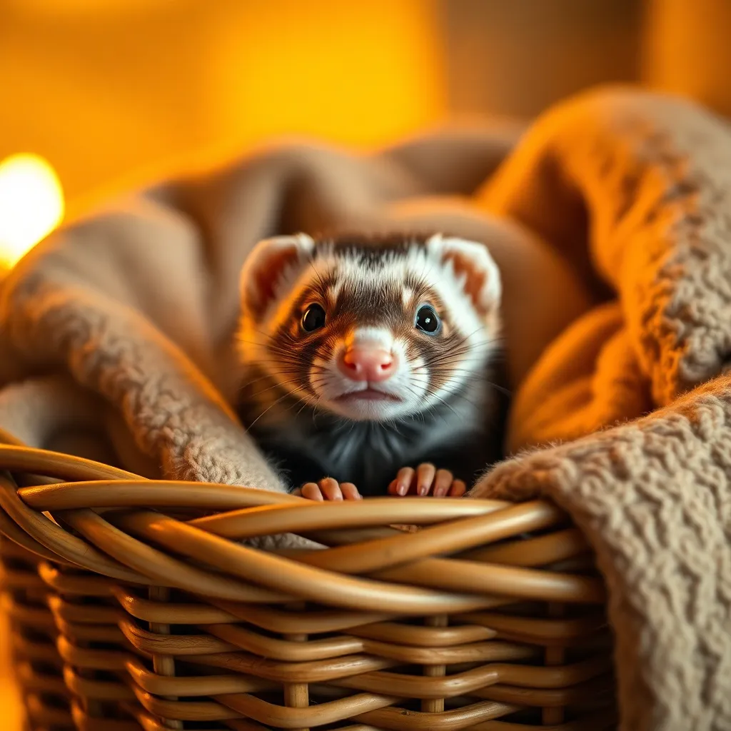 This adorable image captures a playful ferret peeking out from a cozy woven basket surrounded by soft blankets. The warm light from a nearby lamp creates an inviting atmosphere, enhancing the softness of the ferret's fur and the textiles around it. With a shallow depth of field, the ferret's expressive face is sharp and engaging, making this image a charming representation of exotic pets in a warm, homey environment.