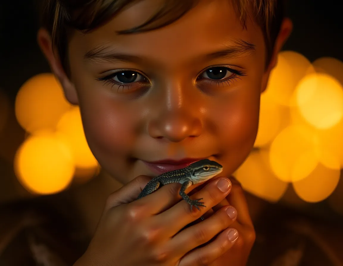 Child Holding Gecko in Warm Firelight A heartwarming scene captures a child holding a small gecko, illuminated by warm firelight. The soft bokeh and tender expression showcase the bond between pet and owner, while the natural skin textures add authenticity. The flickering shadows create a cozy atmosphere, emphasizing the beauty of exotic pets in intimate moments.