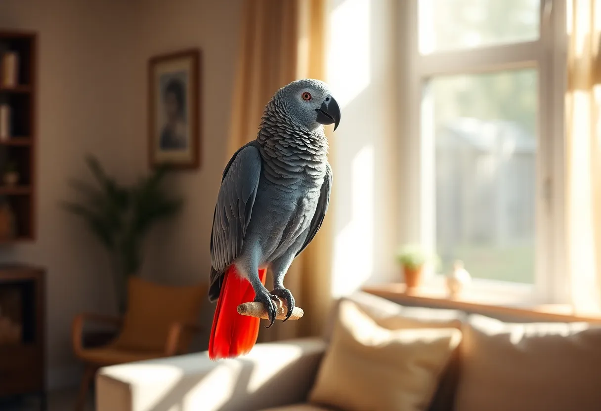 This captivating photograph features an African Grey Parrot perched elegantly in a sunlit living room. The warm natural light highlights the parrot's stunning feathers, vividly contrasting against the soft neutral tones of the room. With a shallow depth of field, the focus remains on the bird, creating an engaging portrait that draws viewers in. The inviting setting adds to the overall warmth and charm, making it a perfect representation of exotic pets in a home.