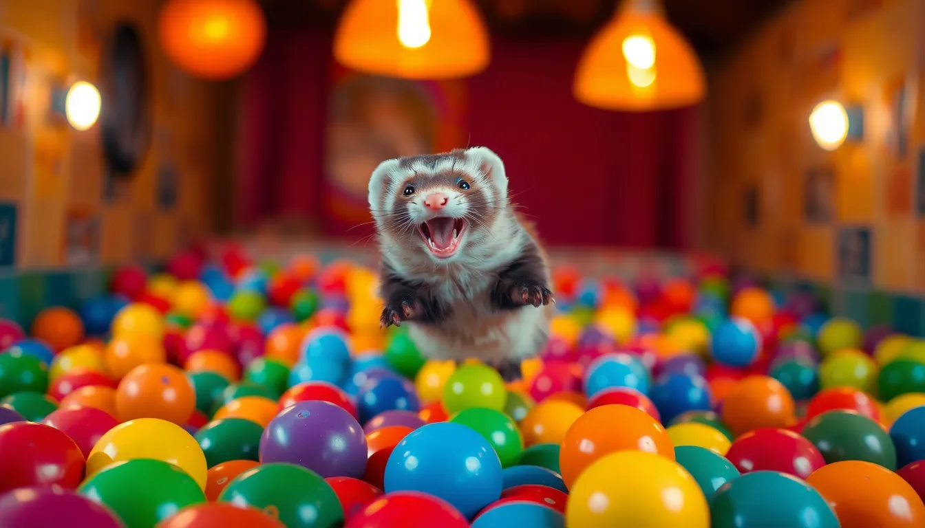 Playful Ferret Leaping in Ball Pit This lively photograph features a playful ferret joyfully leaping through a colorful ball pit filled with assorted balls. The warm tungsten lighting creates a comforting, inviting ambiance, perfectly capturing the ferret's exuberance. With a shallow depth of field that brings the ferret into sharp focus against a soft blur of colors, this image is a delightful representation of fun and energy. The contrasting textures of the ferret's fur and the smooth surface of the balls enhance the dynamic composition.