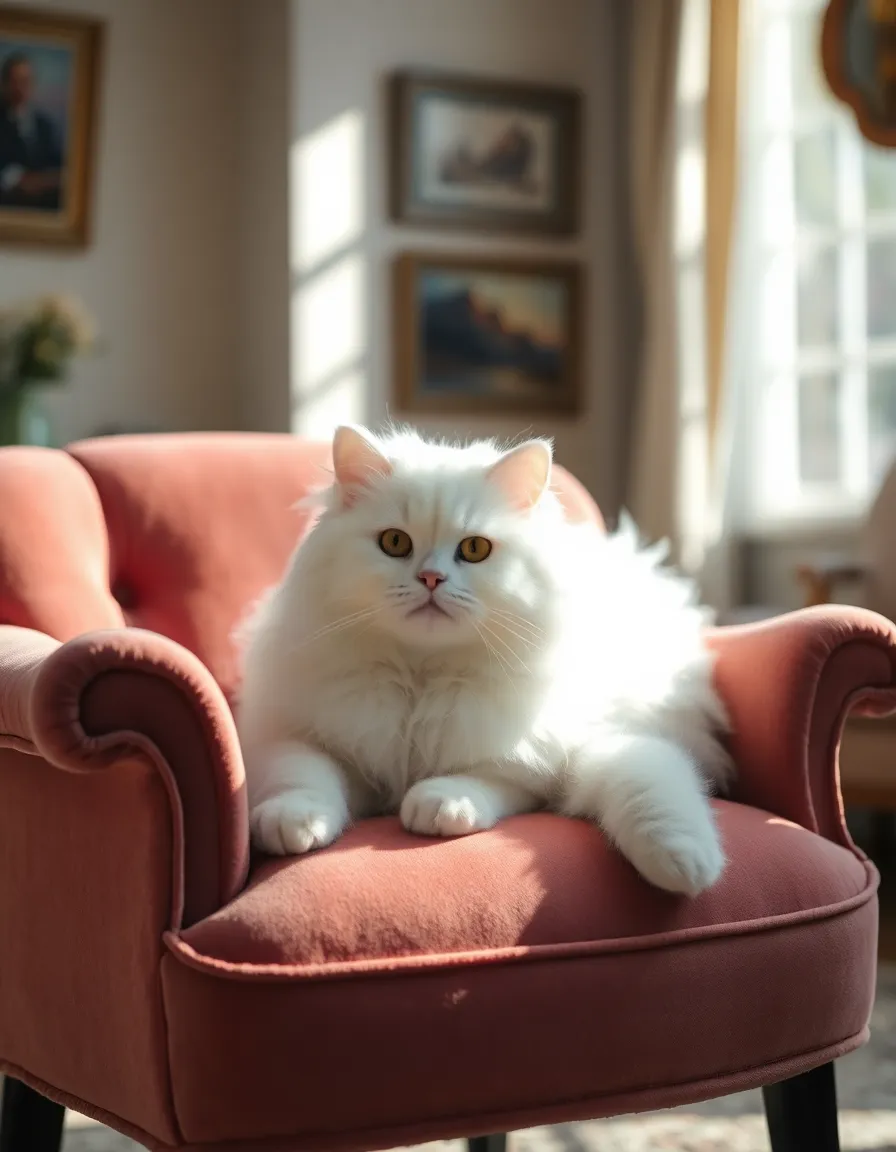 A fluffy white Persian cat elegantly lounges on a vintage velvet chair bathed in soft sunlight. The warm tones of the room create a cozy atmosphere, while the intricate details of the cat's fur are captured beautifully. The blurred background emphasizes the cat's captivating gaze, inviting viewers into this serene setting. This image perfectly encapsulates the calm and luxurious lifestyle of an exotic pet.