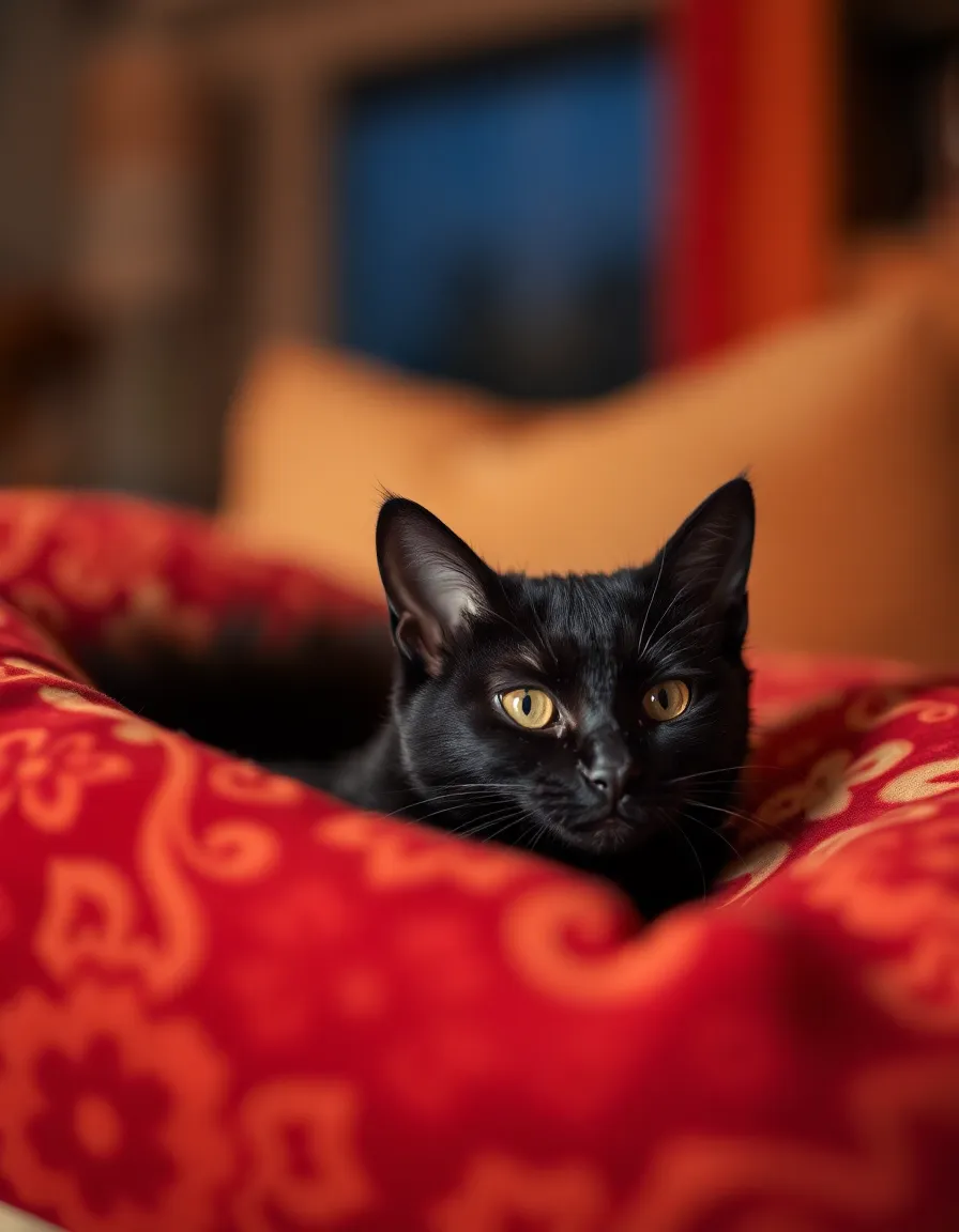 Experience the elegance of an exotic black cat comfortably nestled on a luxurious patterned cushion. The warm tungsten lighting creates an intimate atmosphere as evening approaches. The rich color palette features deep reds and soft golds, enhancing the cozy ambiance. The cat's glossy fur and relaxed pose evoke a sense of tranquility, with a dreamy bokeh background that invites viewers into a serene moment with this exotic pet.
