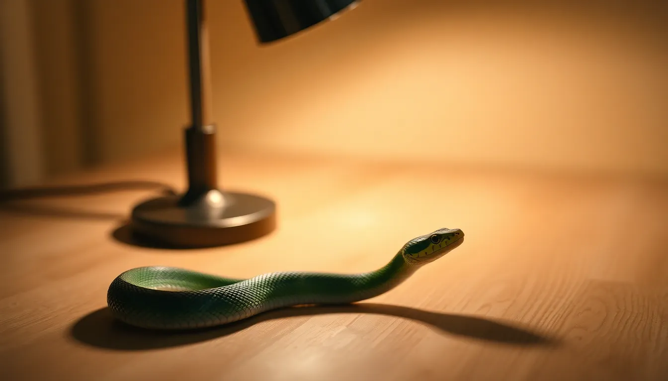 This captivating image captures a curious green anole lizard resting on a rustic wooden surface. Bathed in warm light, the lizard's vibrant green scales contrast beautifully with the textured wood beneath. The shallow focus draws attention to the intricate details of the lizard while the softly blurred background enhances the natural setting. The overall mood is warm and inviting, making the viewer appreciate the beauty of this exotic pet.