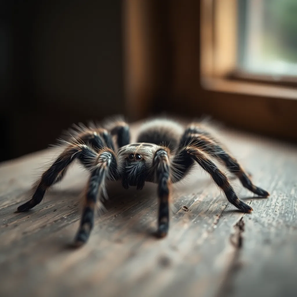 Intricate Close-Up of a Tarantula This captivating close-up photograph reveals the intricate details of a tarantula resting upon a weathered wooden surface. The soft, natural light illuminates the spider, emphasizing the delicate texture of its fur and the subtle patterns across its body. With a shallow depth of field that isolates the tarantula from its surroundings, this image evokes a sense of intimacy and fascination. The muted earthy tones enhance the natural aesthetic, making the viewer appreciate the beauty of this exotic pet.