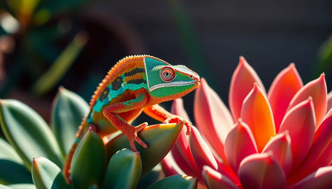 This vibrant photograph features a stunning chameleon perched on a succulent plant, showcasing its incredible color-changing abilities. Bright sunlight highlights the chameleon's textured skin while the direct light creates striking contrasts against the plant. The composition effectively leads the viewer's eye to the chameleon, emphasizing its dynamic colors and intricate details. This captivating image beautifully represents exotic pets in an engaging botanical setting.