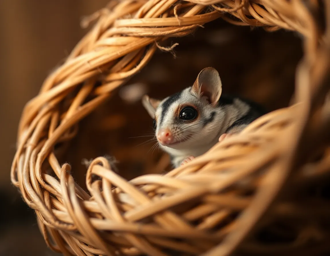 This heartwarming image features a curious sugar glider peering out from its cozy, woven nest made of natural fibers. Softly illuminated by warm tungsten light, the scene evokes a sense of intimacy and comfort. The warm color palette, with its earthy tones, enhances the nurturing atmosphere. The focus on the sugar glider's inquisitive expression invites viewers to connect with this exotic pet in a tender moment, while the textures of the nest add depth and detail to the composition.