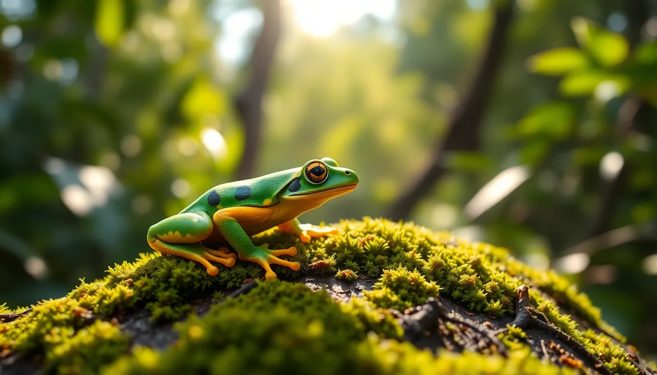 This stunning image showcases a vibrant exotic frog perched gracefully on a moss-covered log in a lush rainforest. Dappled sunlight filters through the canopy, illuminating the frog's striking colors and intricate skin patterns. With rich, saturated greens and pops of yellow, the scene captures the essence of a tropical paradise. The macro lens details the textures of the frog and moss, while following the rule of thirds draws the viewer's eye toward the subject.