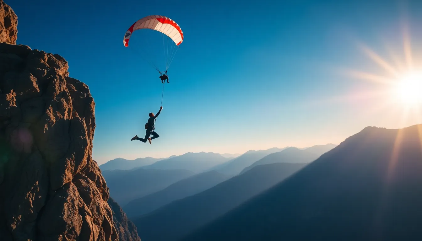 A base jumper takes the exhilarating plunge from a high cliff, capturing the thrill of extreme sports. The early morning sunlight accentuates the vibrant colors of the parachute against the vast blue sky. The shallow depth of field enhances the dramatic effect, drawing attention to the jumper in mid-air while the rocky cliffs remain softly blurred. This image conveys the adrenaline and freedom associated with base jumping in a breathtaking natural setting.