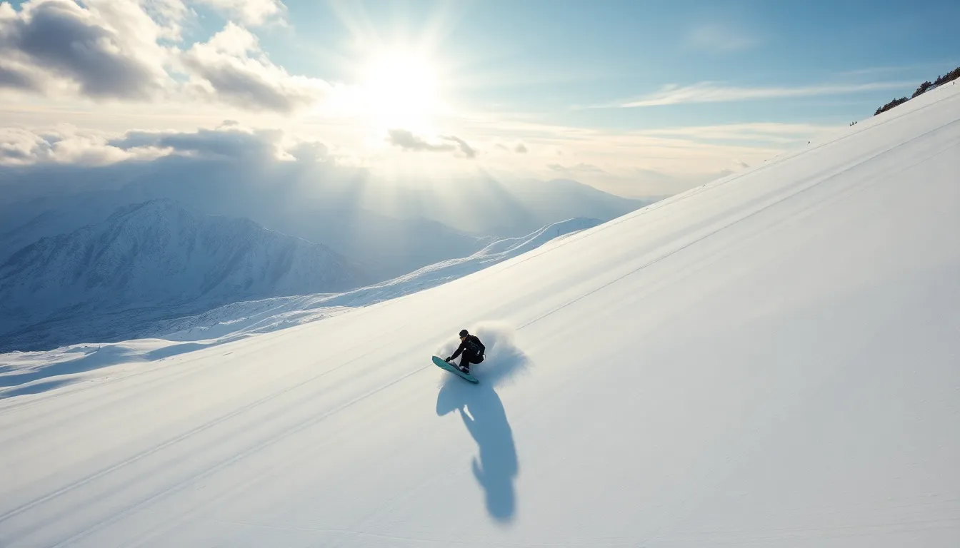 An exhilarating aerial photograph showcasing a snowboarder carving down a snow-covered mountain slope. The bright white snow contrasts beautifully with the blue skies, capturing the sheer joy and freedom of winter sports. The image radiates a sense of adventure and the beauty of nature, with the snowboarder’s path tracing an exciting curve down the slope. The sharp focus and expansive view invite the viewer to experience the thrill of extreme snowboarding.